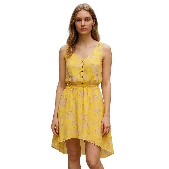 Flowy Pale Yellow and Pink Hi Lo Hem Dress - Picture 1 of 11
